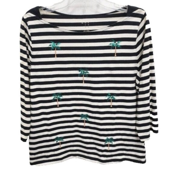 A New Day Womens Top Size XXL Black White Striped Sequined Palm Trees 3/4 Sleeve - Picture 1 of 5